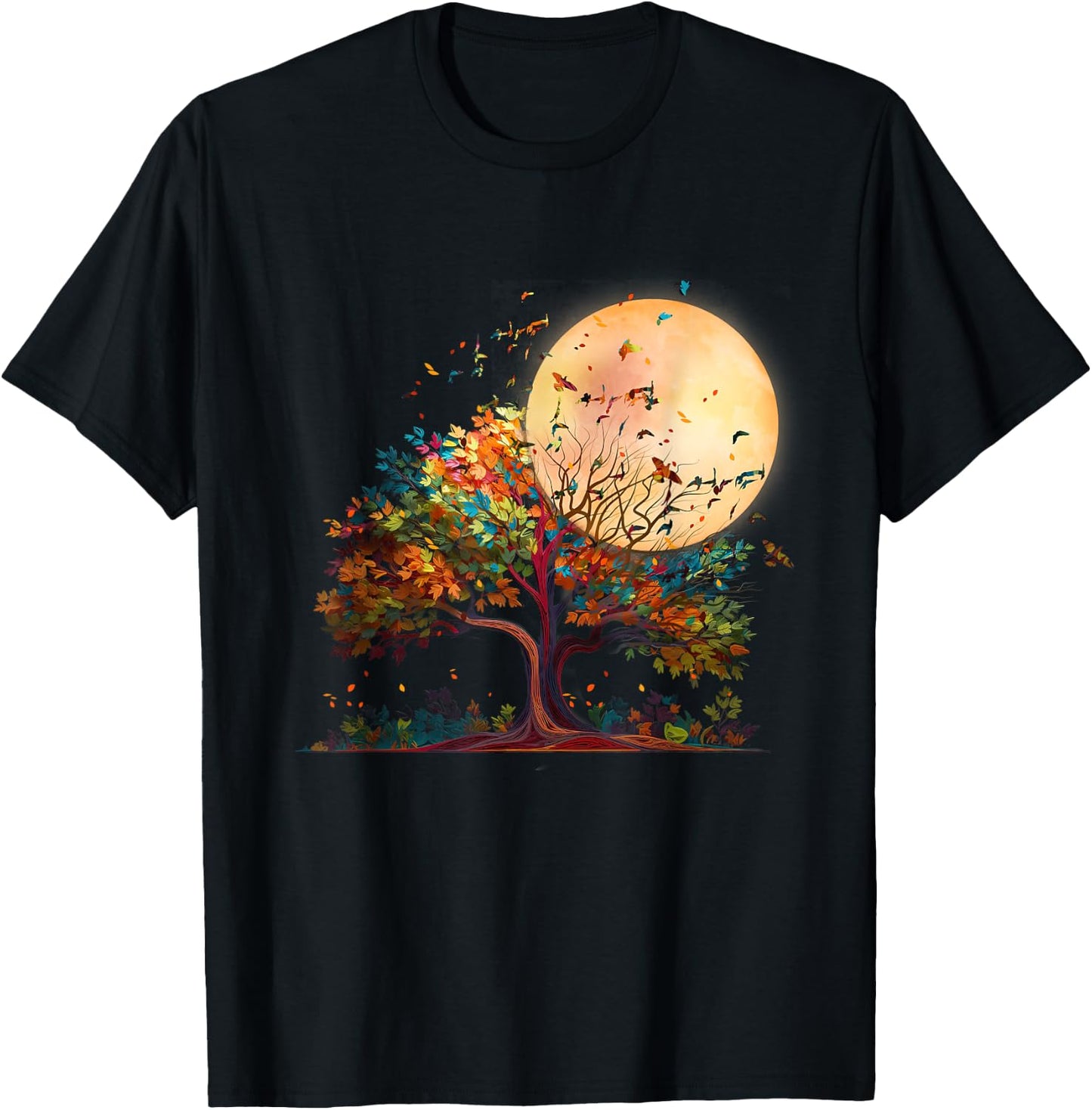 Full Moon Flock Of Birds Tree Outdoor Wildlife Nature Forest T-Shirt - T-Shirt | Black