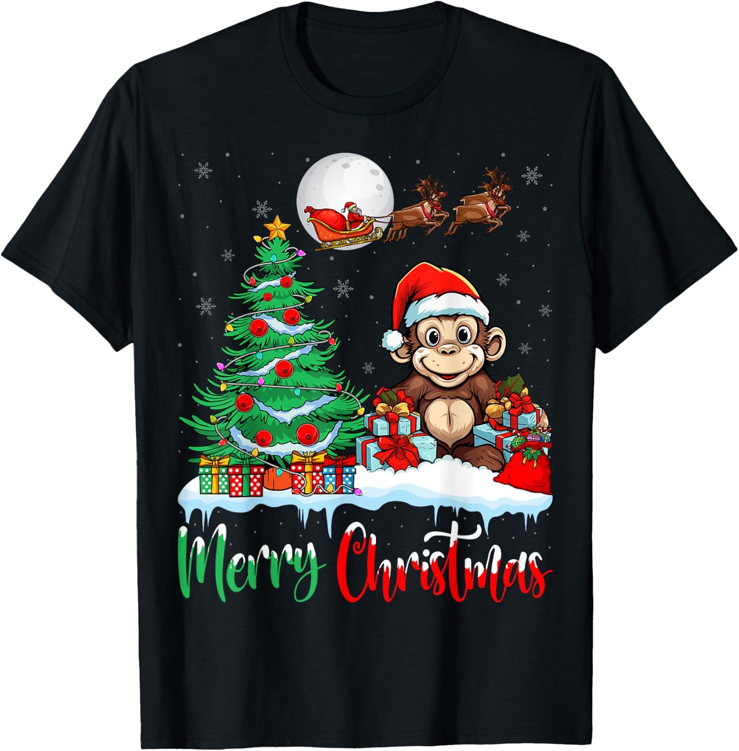 Monkey Santa Hat Xmas Lights Merry Christmas Monkey T-Shirt - T-Shirt | Black