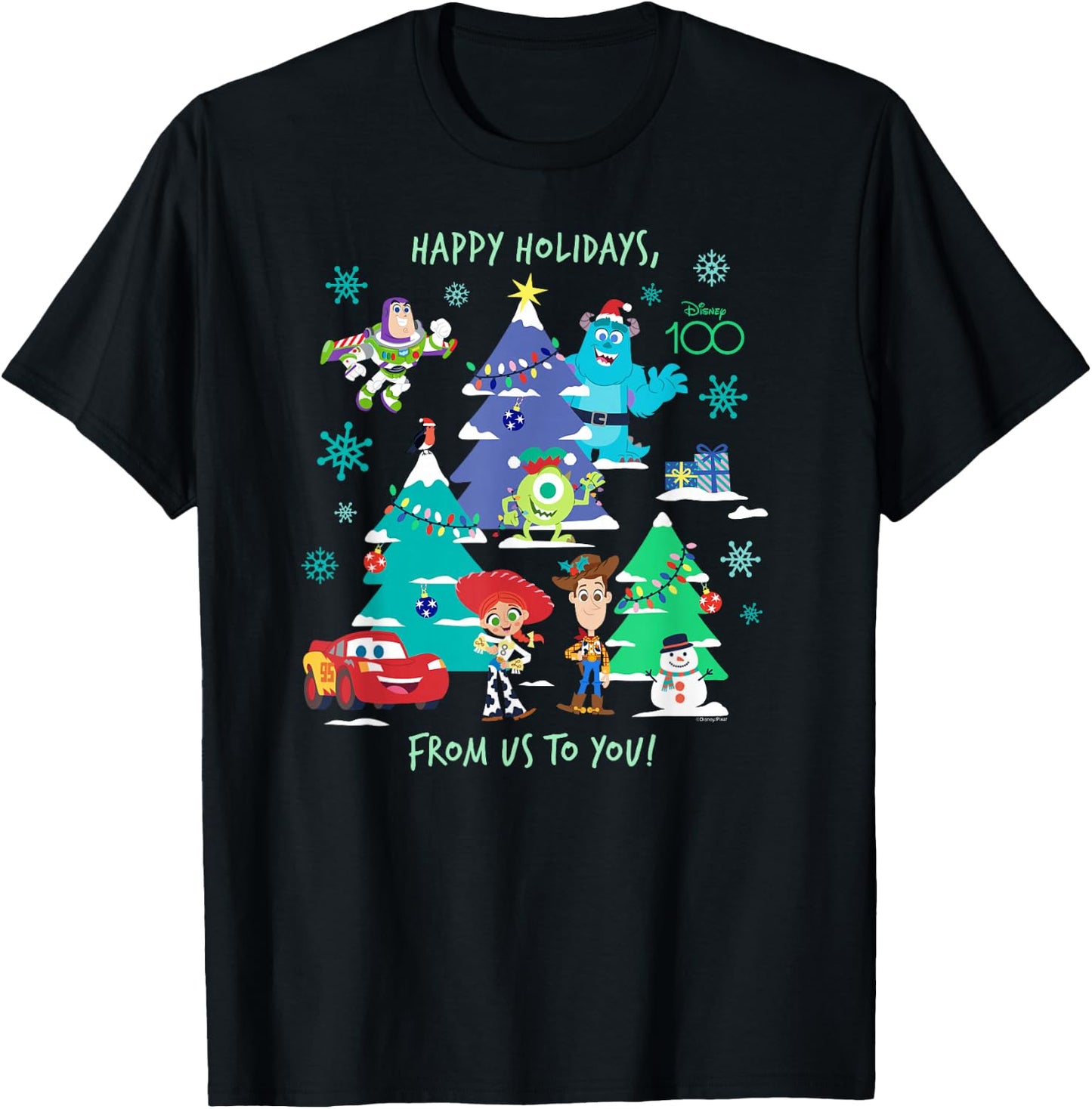 Disney 100 and Pixar Christmas Happy Holidays from Us to You T-Shirt - T-Shirt | Black