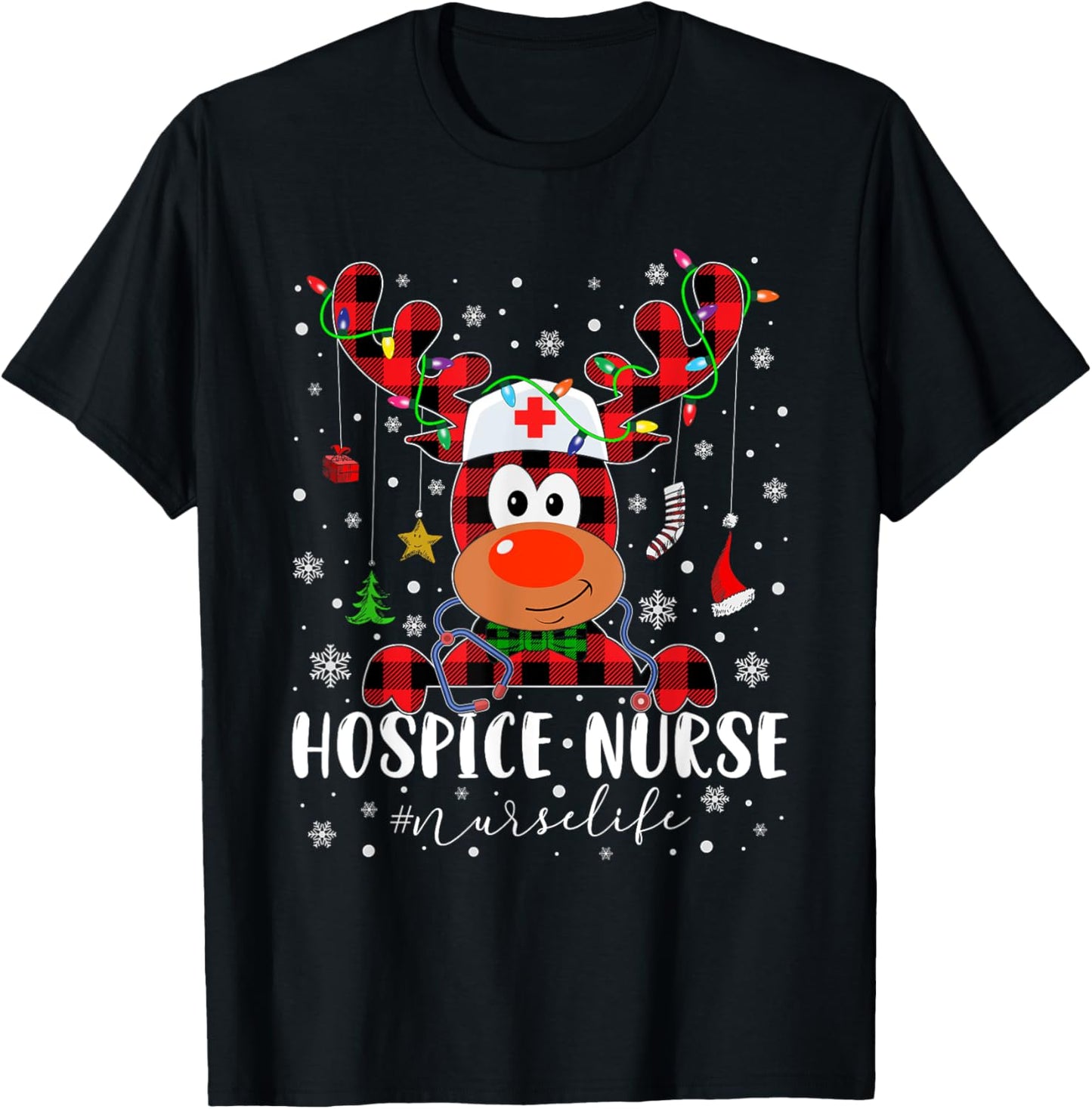 Love Hospice Nurse Life Reindeer Nurse Christmas Pajama T-Shirt - T-Shirt | Black