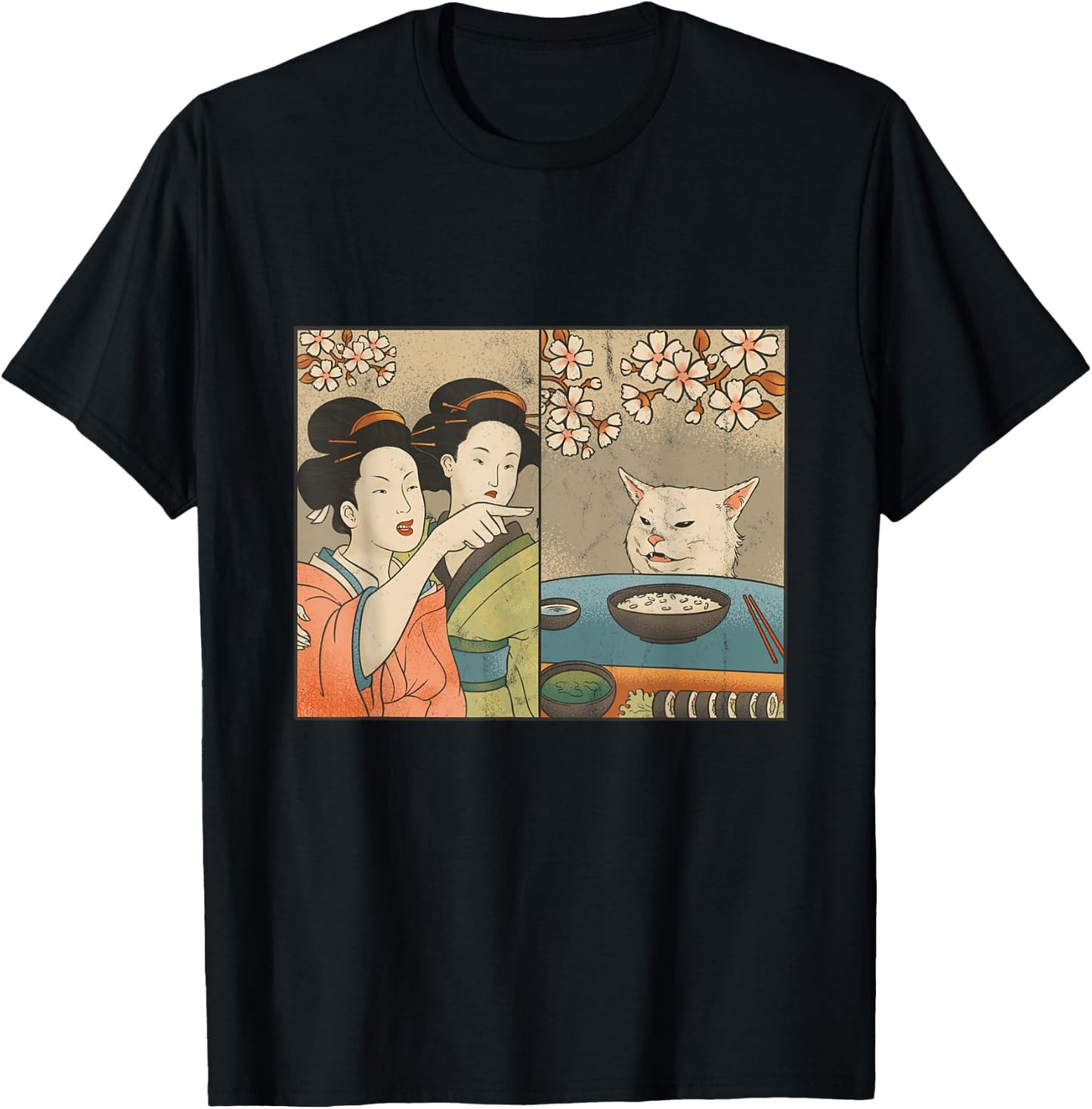Japanese Art Cherry Blossom Cat and Sushi T-Shirt - T-Shirt | Black