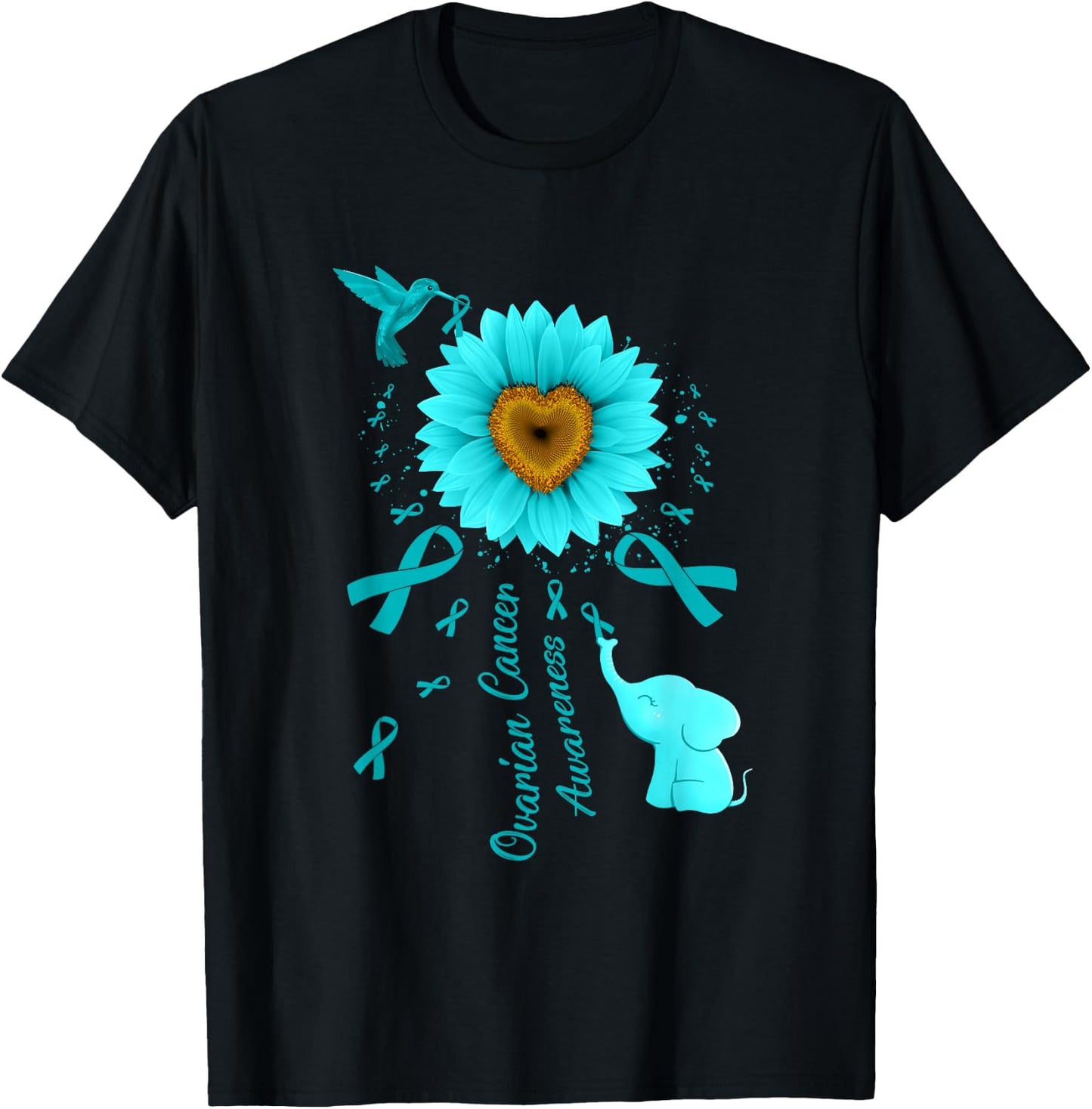 Sunflower Hummingbird Elephant Ovarian Cancer Awareness T-Shirt - T-Shirt | Black