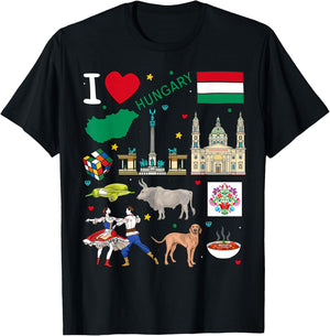 I love Hungary. Hand drawn Hungarian Landmarks, flag and map T-Shirt - T-Shirt | Black