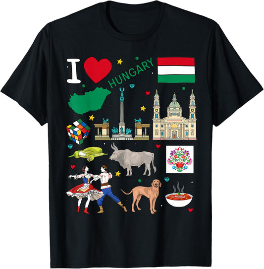 I love Hungary. Hand drawn Hungarian Landmarks, flag and map T-Shirt - T-Shirt | Black
