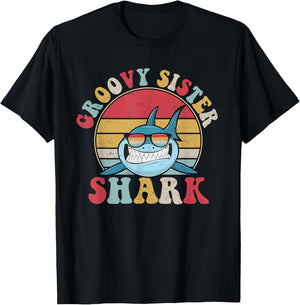 Groovy Sister Shark Retro Colorful Aesthetic Design Big Sis T-Shirt - T-Shirt | Black