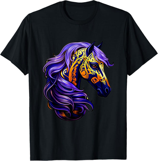 Purple Gold Black Horse Fantasy Swirl Wave Pattern Design T-Shirt - T-Shirt | Black