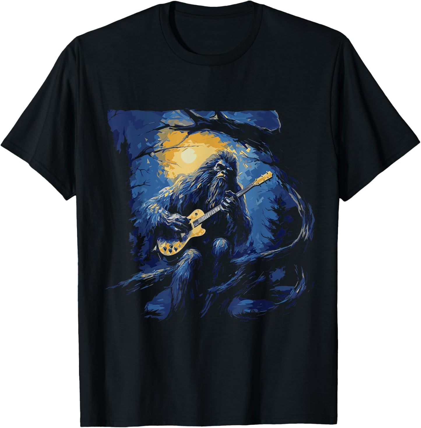 Bigfoot Playing a Guitar Starry Night Funny Sasquatch Rocker T-Shirt - T-Shirt | Black