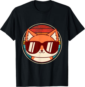 Retro Fox with Sunglasses and Vintage Backround T-Shirt - T-Shirt | Black
