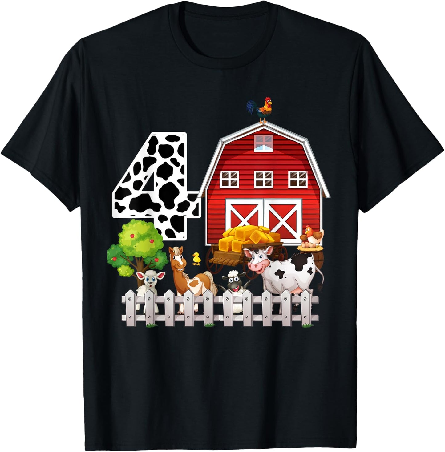 Farm Animals 4th Birthday 4 Year Old Birthday Kids Boy Girl T-Shirt - T-Shirt | Black