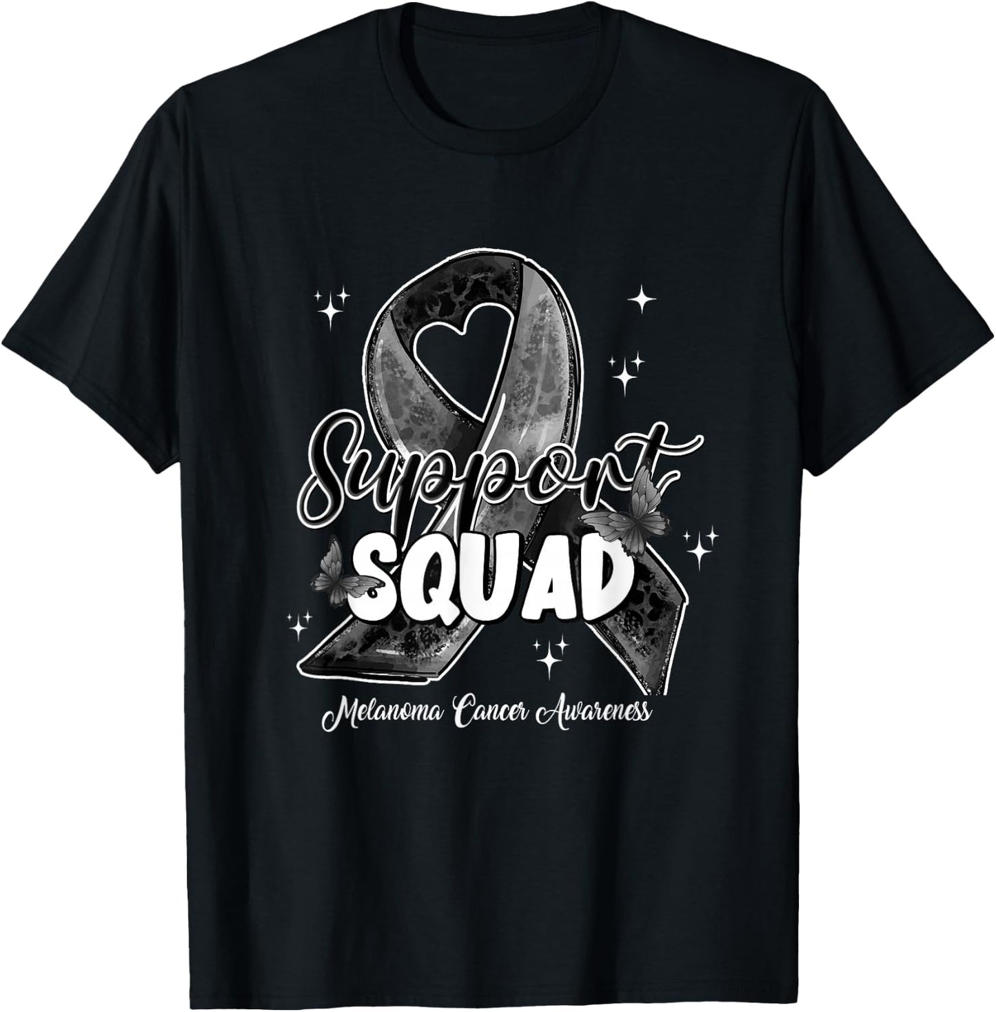 Support Squad Butterfly Black Ribbon Melanoma Cancer Gifts T-Shirt - T-Shirt | Black