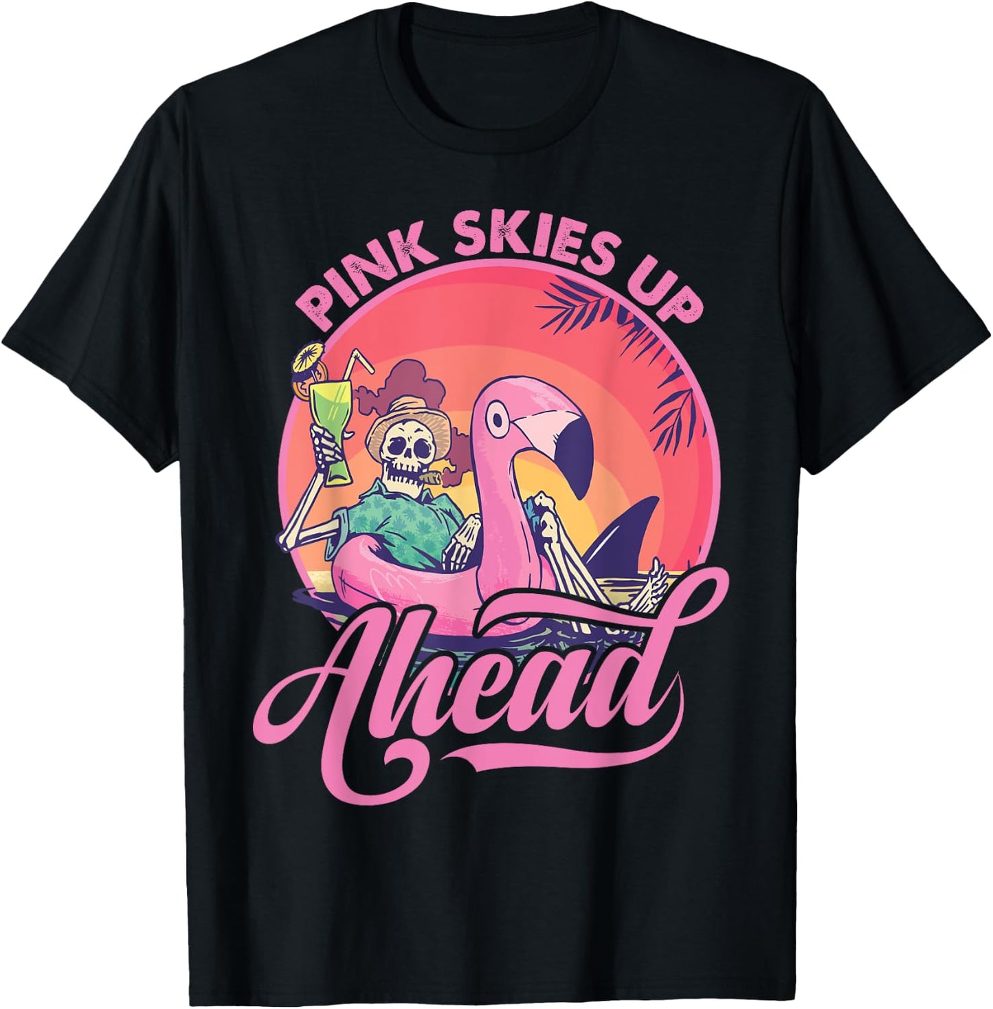 Pink Skies Up Ahead - Skeleton - Flamingo - Beach Women Kids T-Shirt - T-Shirt | Black