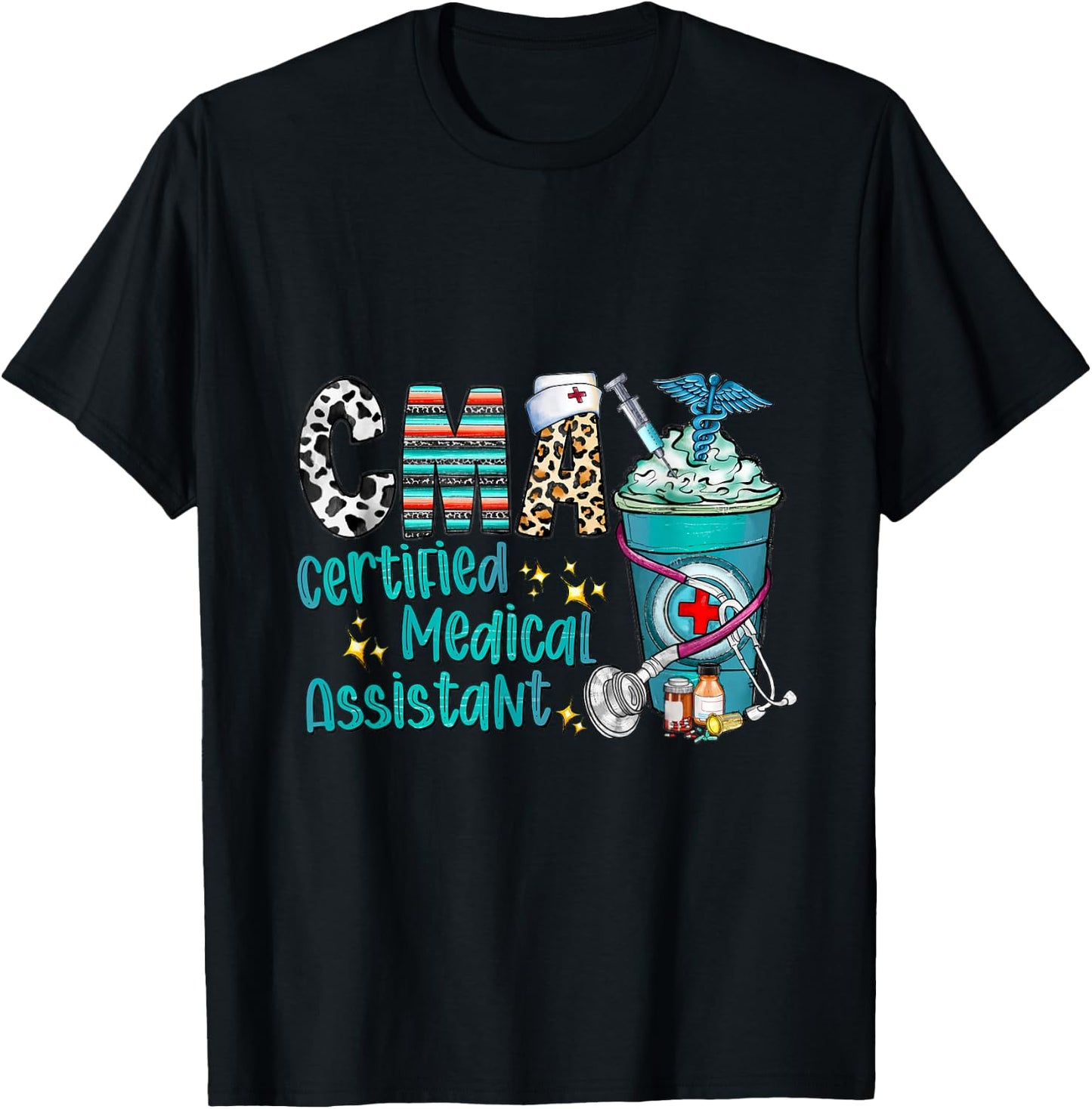 Certified Medical Assistant CMA Leopard Cowhide Coffee Cup T-Shirt - T-Shirt | Black