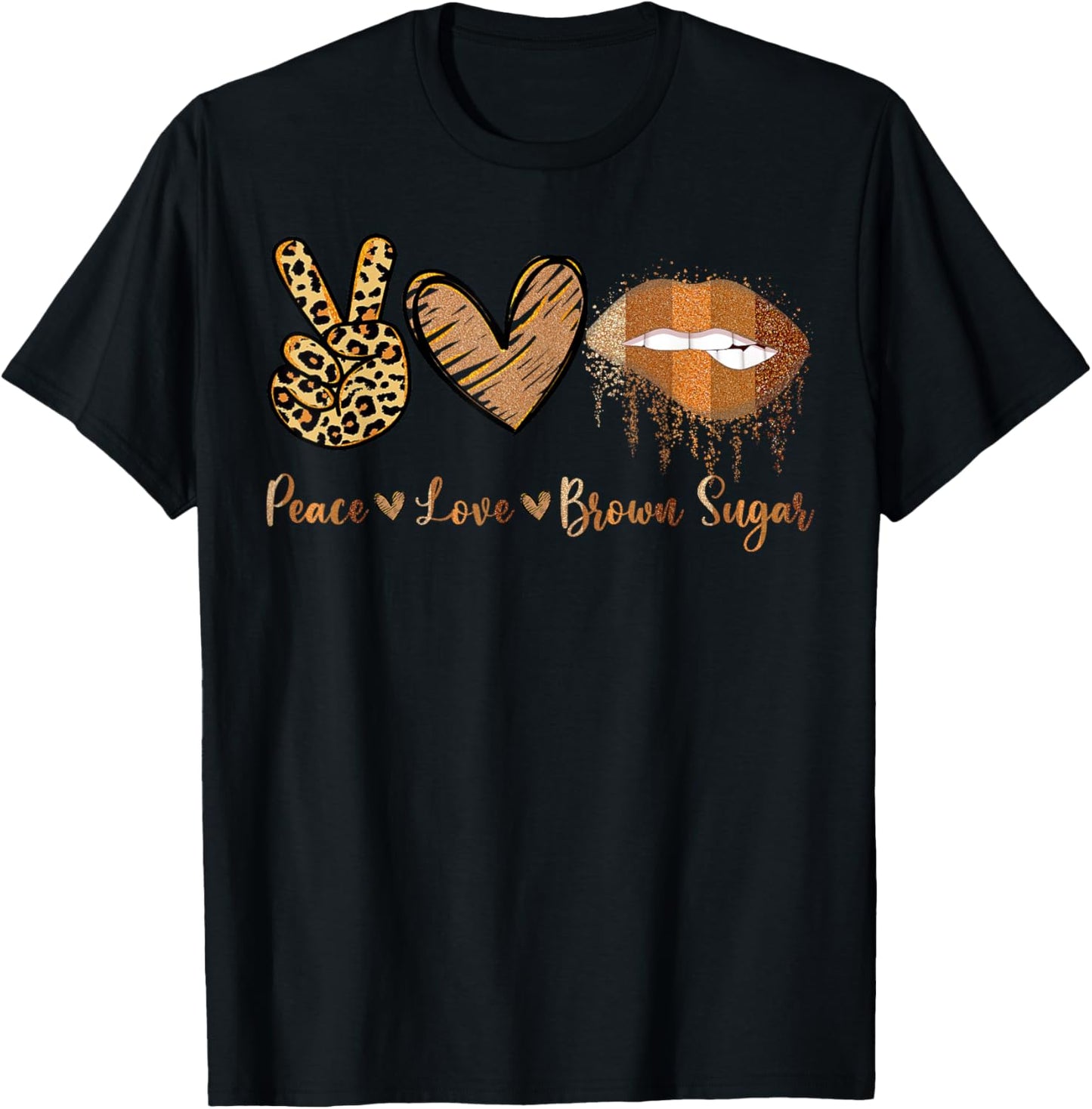 Peace Love Brown Sugar Leopard Hand Heart And Lips T-Shirt - T-Shirt | Black