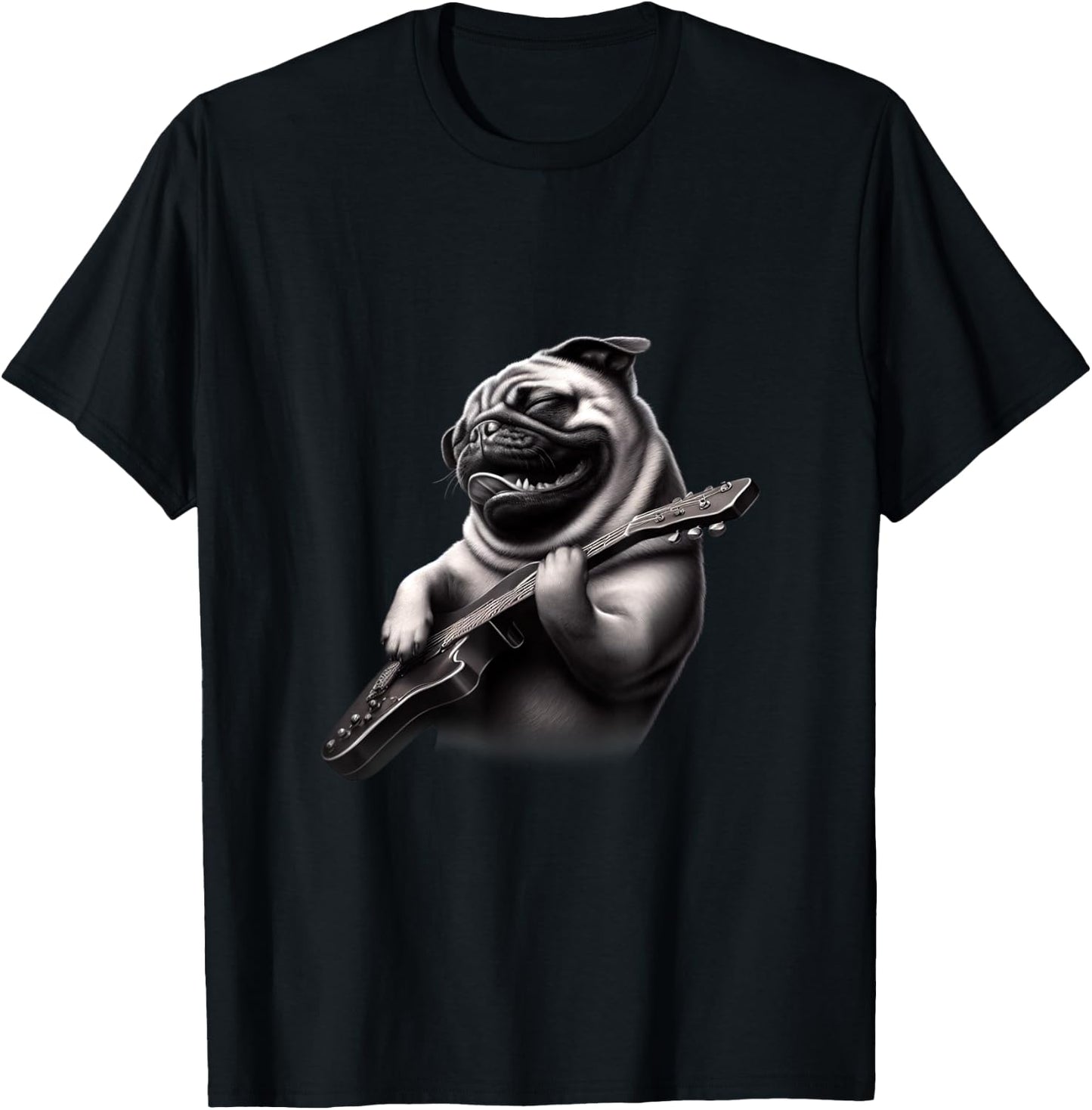 Pug Playing Guitar - Funny Rock Music Guitar Pug T-Shirt - T-Shirt | Black