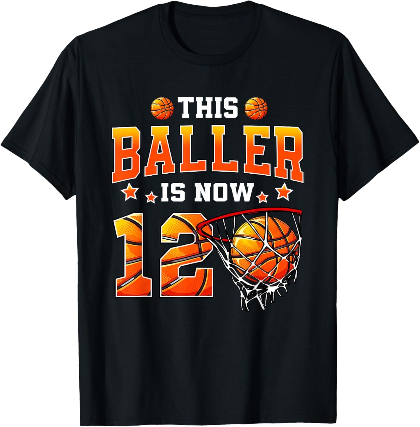 This Baller Is Now 12 Basketball Kids Boys 12th Birthday T-Shirt - T-Shirt | Black