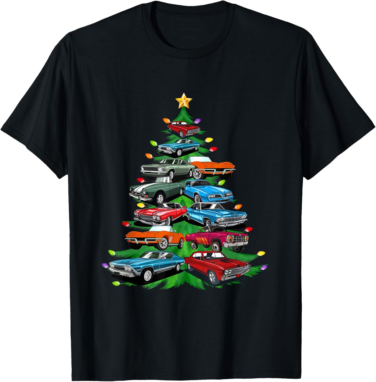 Car Madness Christmas Tree -Classic Muscle Cars and Hotrods T-Shirt - T-Shirt | Black