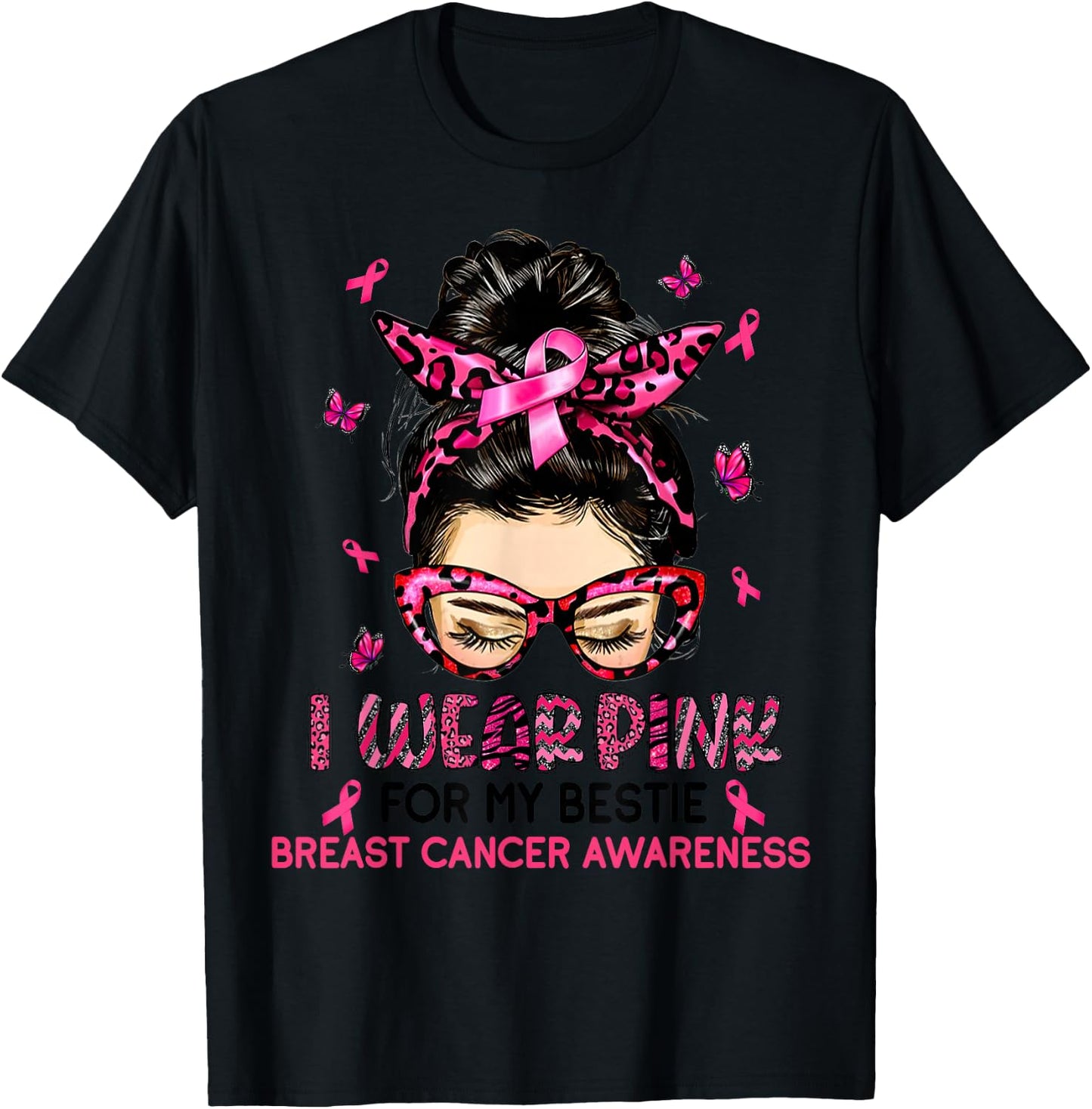 I Wear Pink For My Bestie Breast Cancer Awareness Leopard T-Shirt - T-Shirt | Black