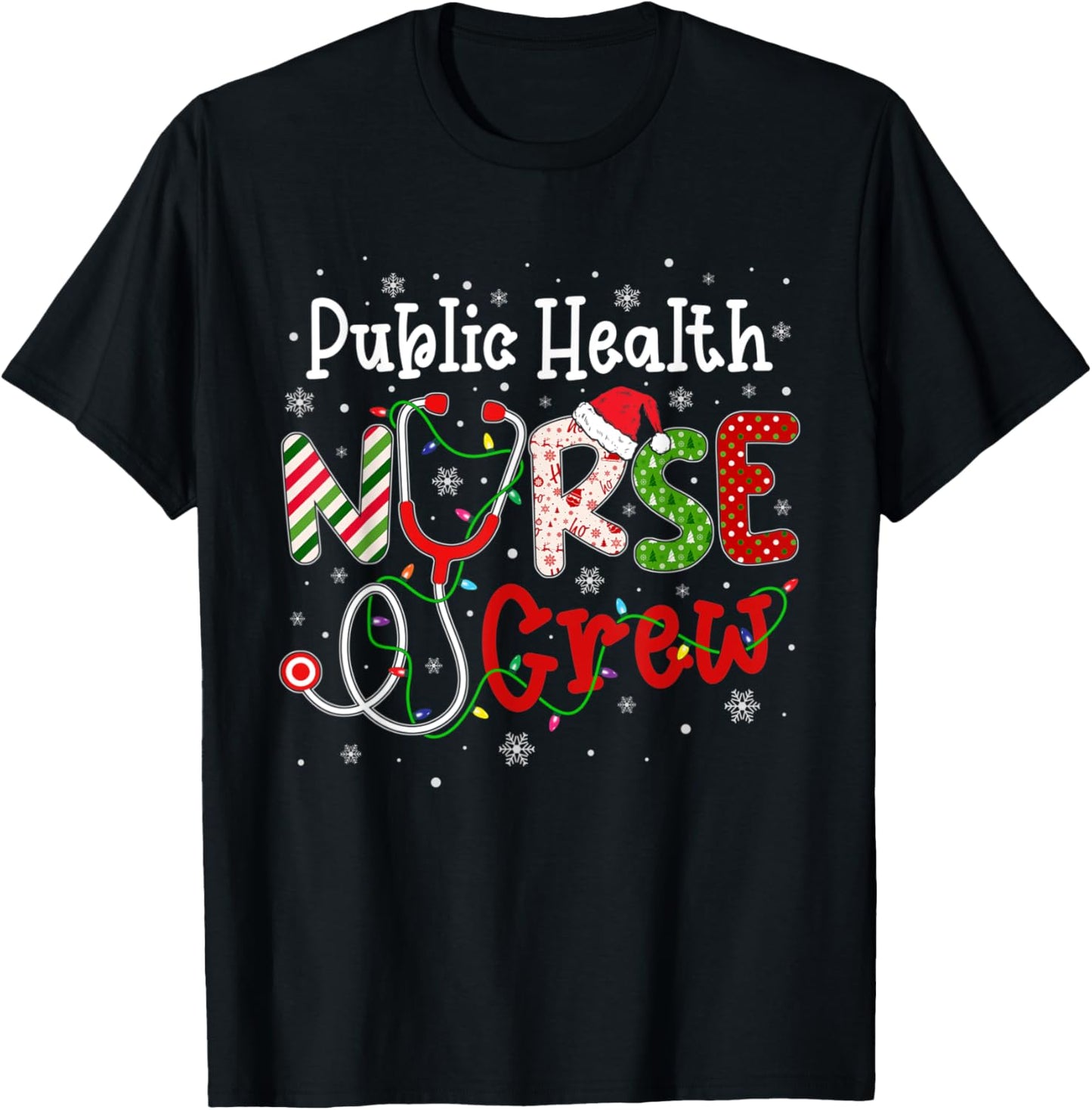 Public Health Christmas Nurse Crew Nursing Christmas Pattern T-Shirt - T-Shirt | Black