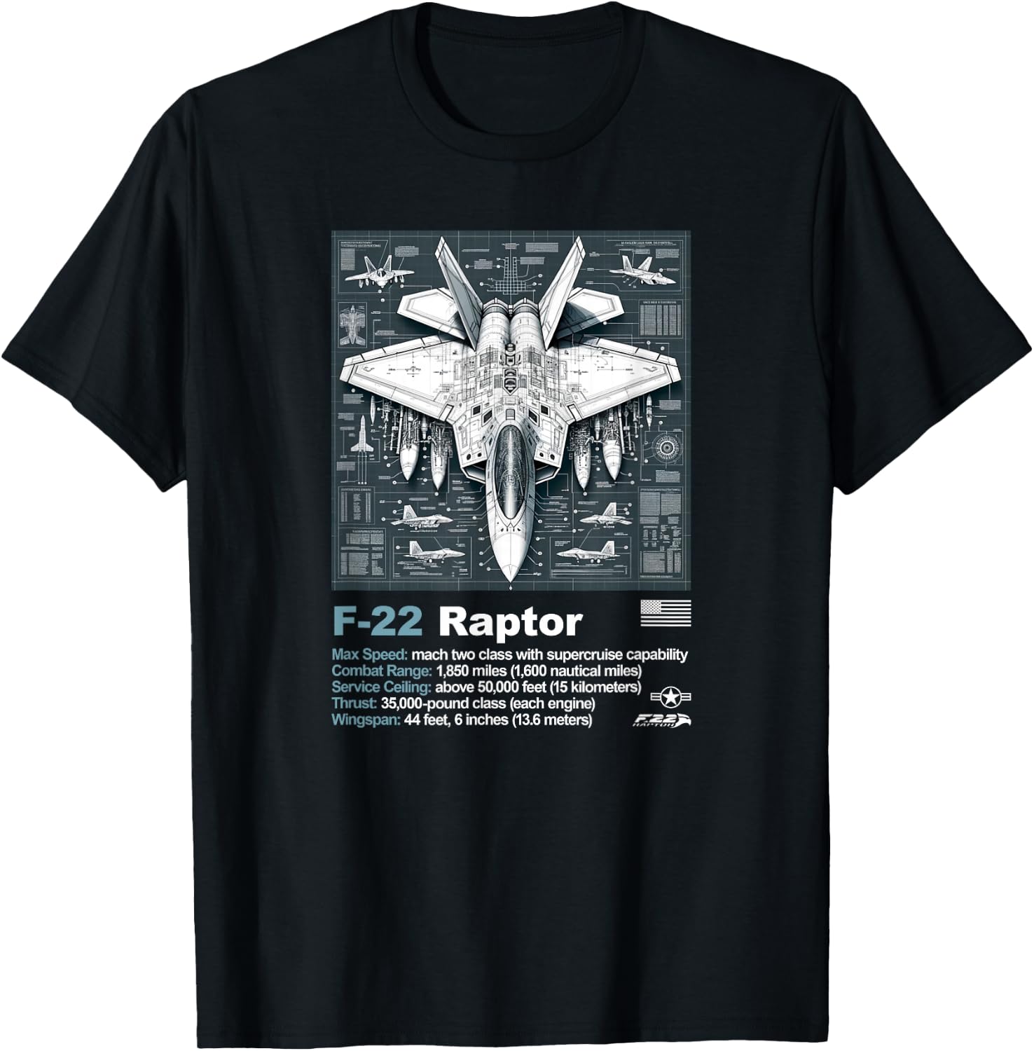F22 Raptor Fighter Jet Blueprint Technical Drawing & Specs T-Shirt - T-Shirt | Black