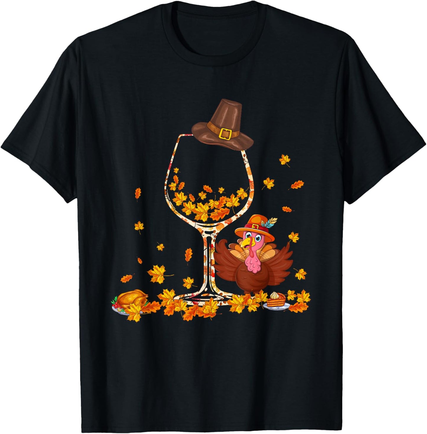 Fall Leaves Floral As Wine Glasses Shape Thanksgiving Turkey T-Shirt - T-Shirt | Black
