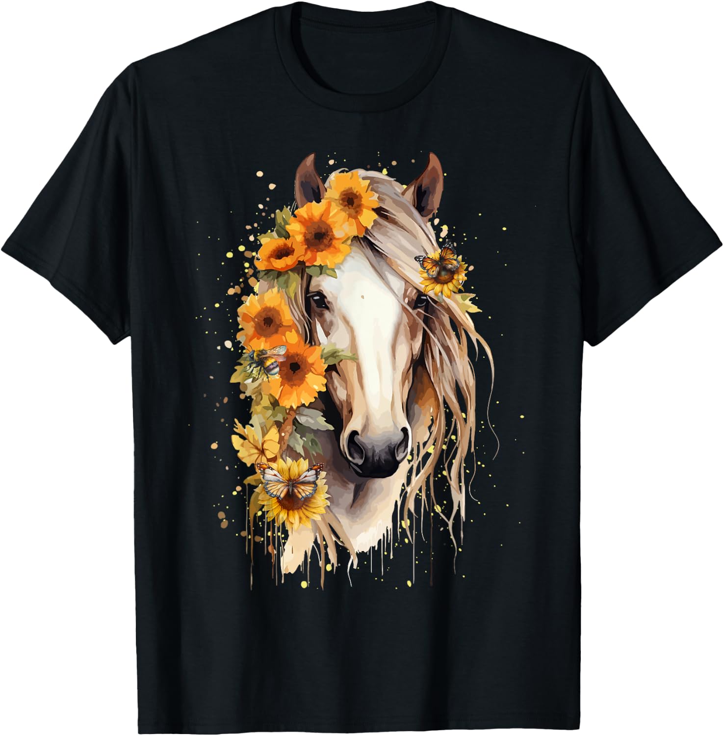 Just a girl who loves horses Co. Sunflower Horse Portrait CowGirl Equestrian Horseback Riding T-Shirt - T-Shirt | Black