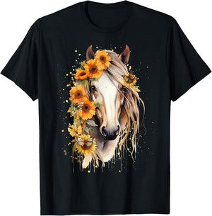 Just a girl who loves horses Co. Sunflower Horse Portrait CowGirl Equestrian Horseback Riding T-Shirt - T-Shirt | Black