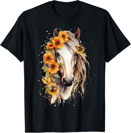 Just a girl who loves horses Co. Sunflower Horse Portrait CowGirl Equestrian Horseback Riding T-Shirt - T-Shirt | Black