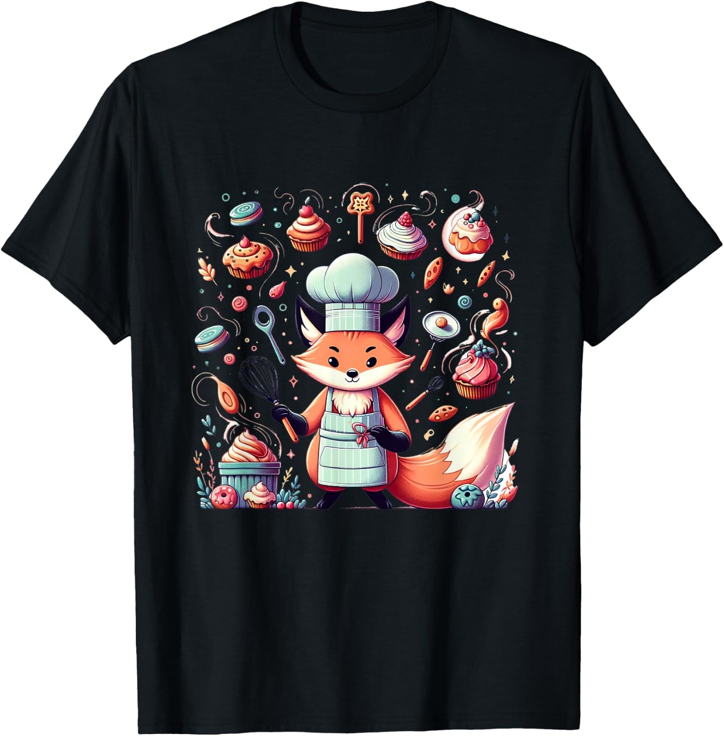 Magical Baker Fox in Enchanted Kitchen T-Shirt - T-Shirt | Black