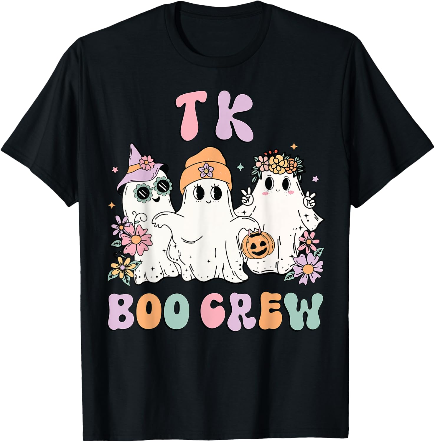 TK Boo Crew Retro Groovy Halloween Floral Ghost TK Teacher T-Shirt - T-Shirt | Black