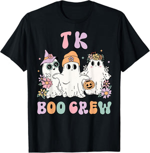 TK Boo Crew Retro Groovy Halloween Floral Ghost TK Teacher T-Shirt - T-Shirt | Black