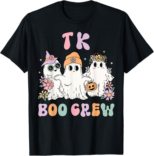 TK Boo Crew Retro Groovy Halloween Floral Ghost TK Teacher T-Shirt - T-Shirt | Black