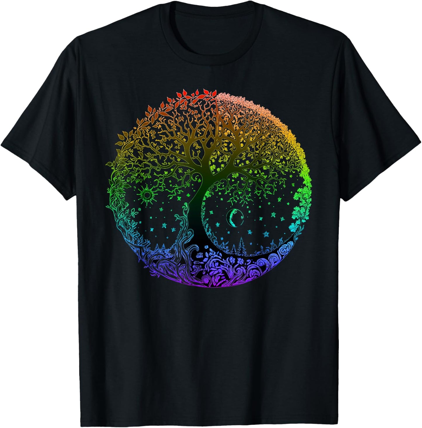 Tree of Life Sun Moon Seasons Mandala Chakras Yoga Graphic T-Shirt - T-Shirt | Black