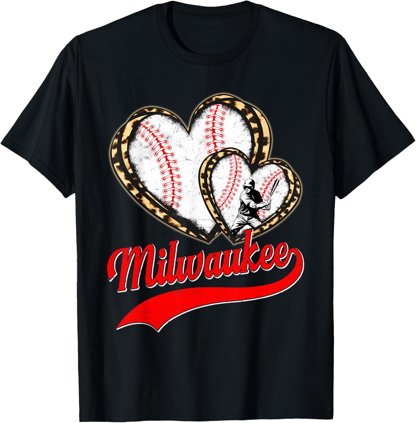 Vintage Milwaukee Baseball Leopard Heart Baseball Fans T-Shirt - T-Shirt | Black