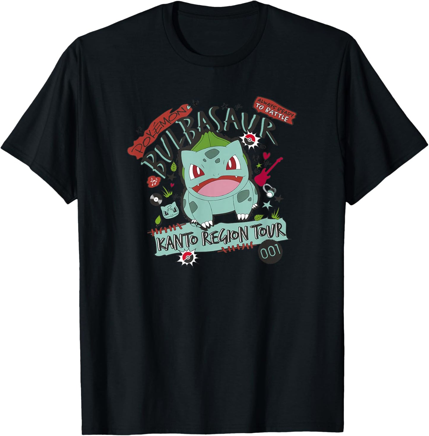 Pokémon Bulbasaur 001 Kanto Region Tour Music Poster T-Shirt - T-Shirt | Black