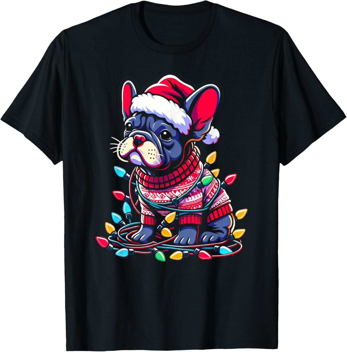 Funny Frenchie Tree Xmas Lights Pajama T-Shirt - T-Shirt | Black