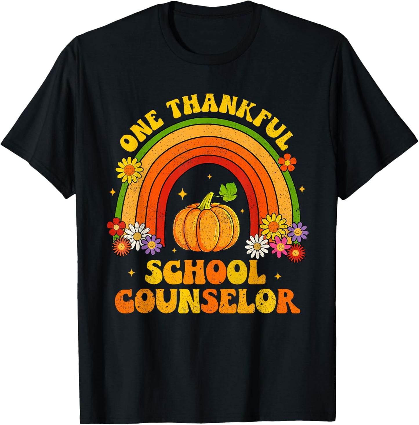 One Thankful School Counselor Groovy Rainbow Thanksgiving T-Shirt - T-Shirt | Black