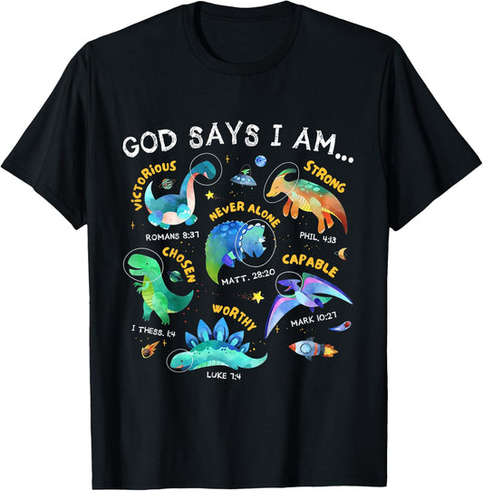 Kids God Says I Am Outer Space Dinosaur Bible Christian Boys T-Shirt - T-Shirt | Black