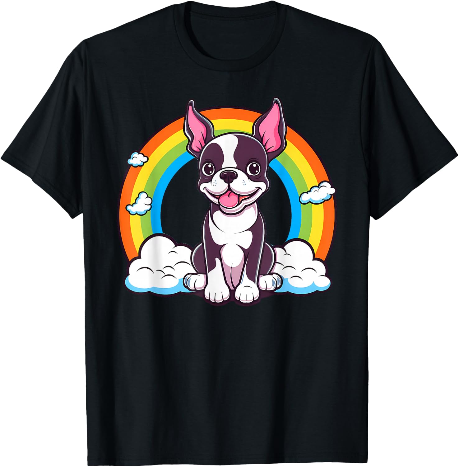 Cute Boston Terrier Rainbow Kawaii Puppy Dog T-Shirt - T-Shirt | Black