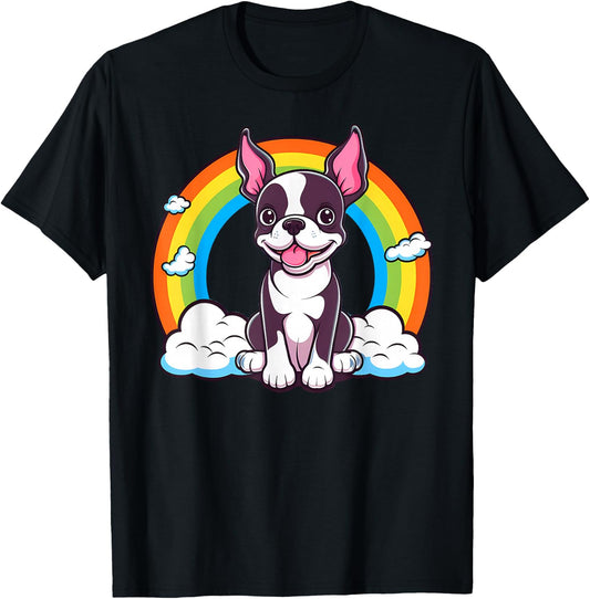 Cute Boston Terrier Rainbow Kawaii Puppy Dog T-Shirt - T-Shirt | Black