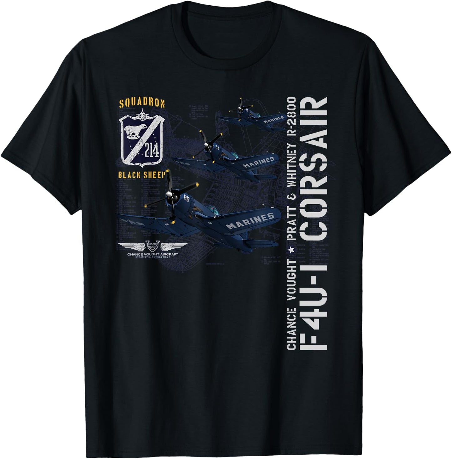 WWII AVIATION APPAREL F4U-1 CORSAIR (214) - -Adults and Kids - Blue - Small T-Shirt - T-Shirt | Black