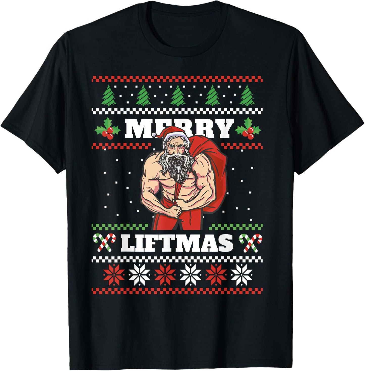 Funny Muscle Santa Lifting Christmas Ugly Christmas T-Shirt - T-Shirt | Black