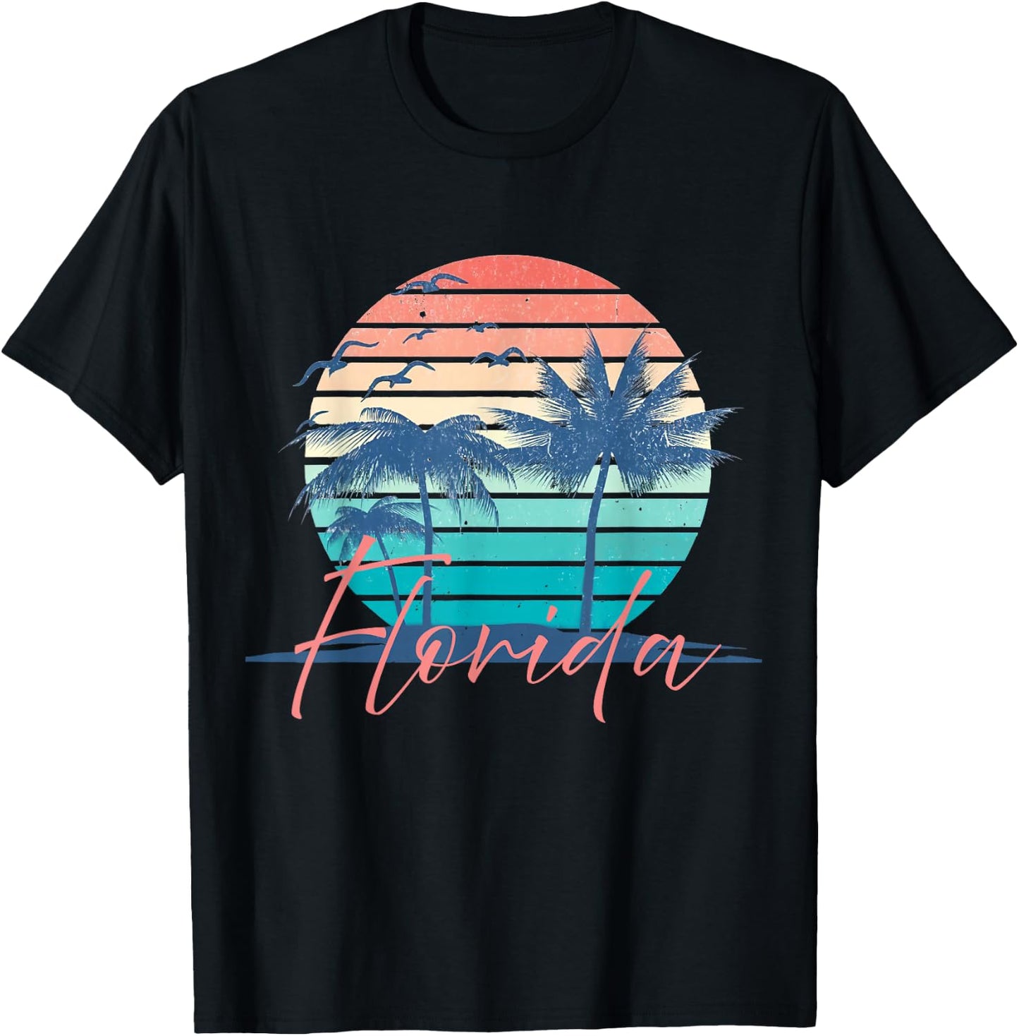Florida Vintage Summer Vibes Beach Sunset Retro Palm Tree T-Shirt - T-Shirt | Black