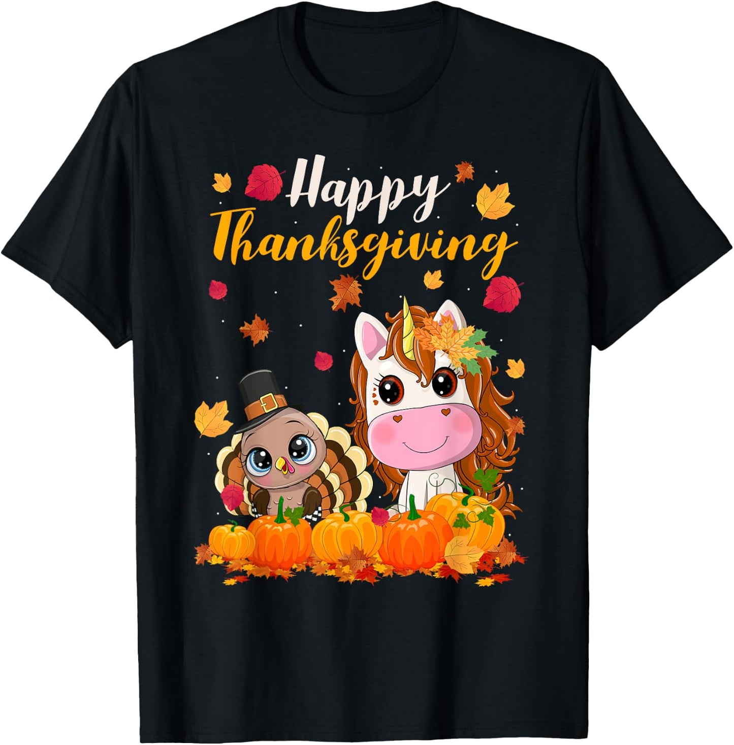 Cute Unicorn Turkey Pilgrim Thanksgiving Fall Little Girls T-Shirt - T-Shirt | Black