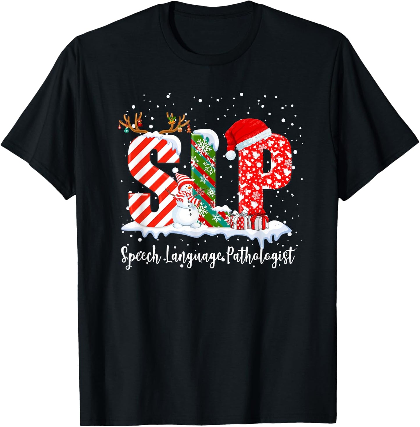 Funny SLP Speech Language Pathologist Santa Christmas Pajama T-Shirt - T-Shirt | Black