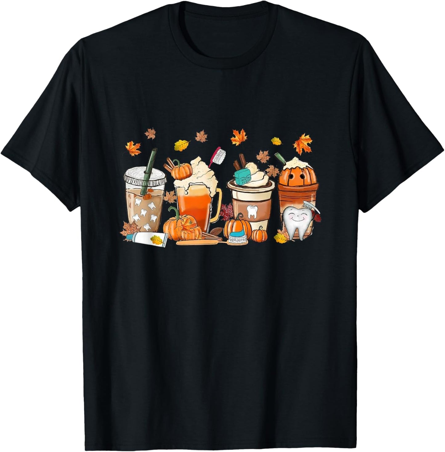 Retro Fall Coffee Dentist Tooth Thankful Dental Hygienist T-Shirt - T-Shirt | Black