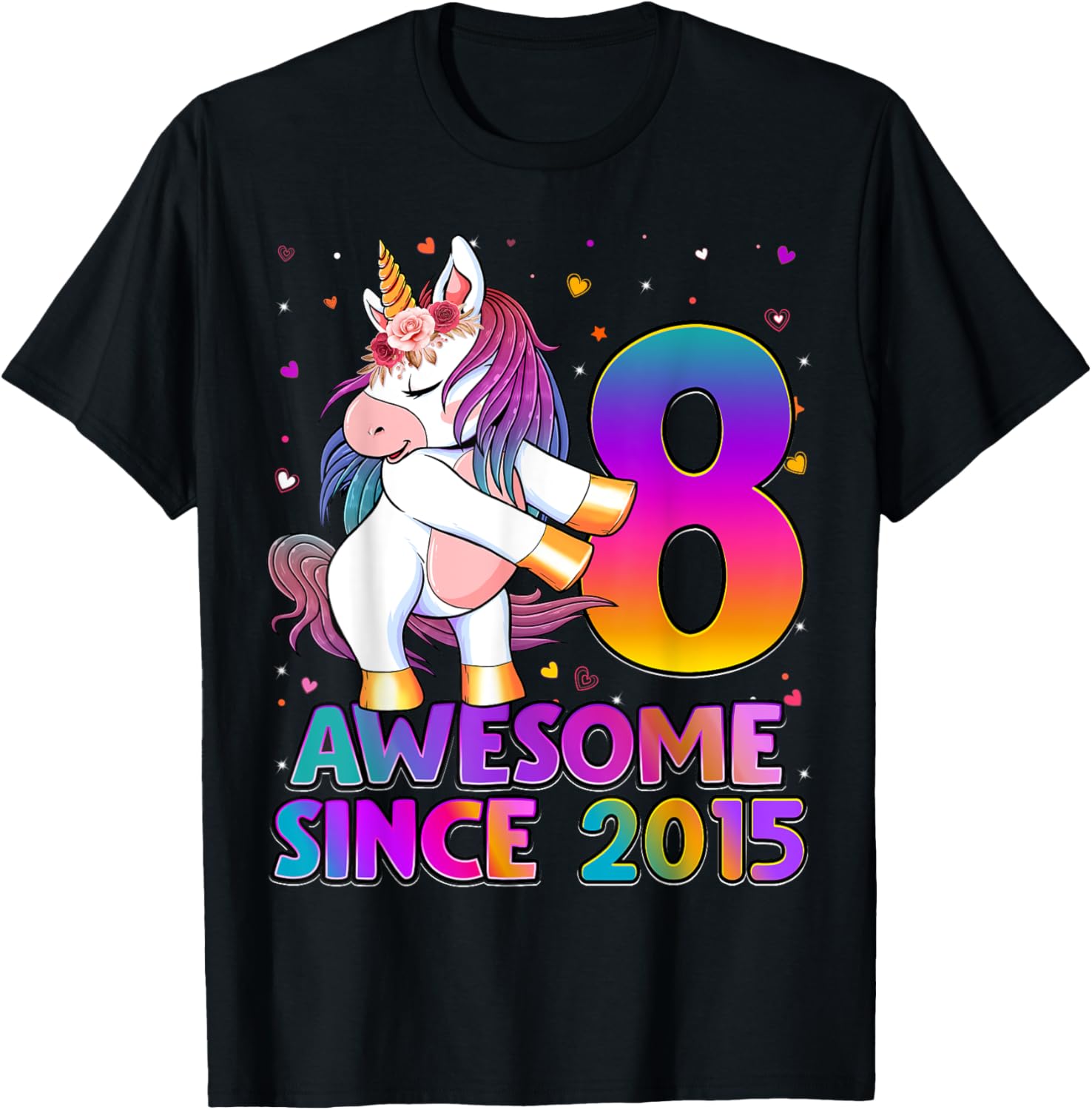 8 Years Old Unicorn Flossing 8th Birthday Girl Unicorn Party T-Shirt - T-Shirt | Black