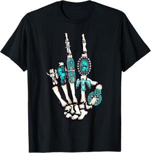 Skeleton with Turquoise Hand Western Skeleton Rings Lover T-Shirt - T-Shirt | Black