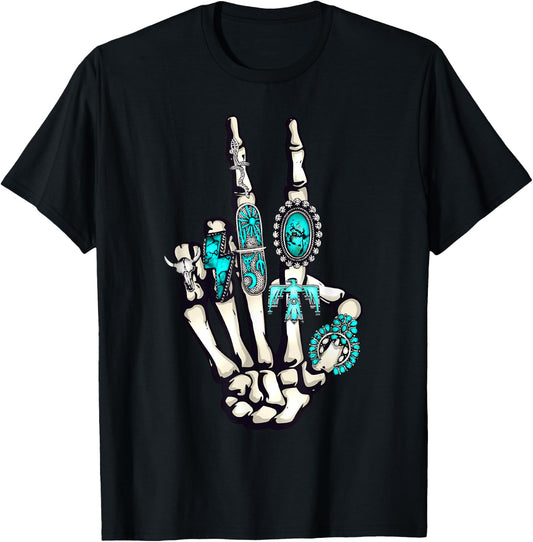 Skeleton with Turquoise Hand Western Skeleton Rings Lover T-Shirt - T-Shirt | Black