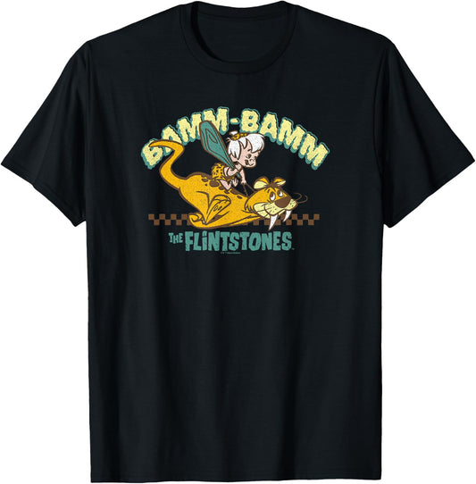 The Flintstones Bamm-Bamm Riding Baby Puss Distressed T-Shirt - T-Shirt | Black