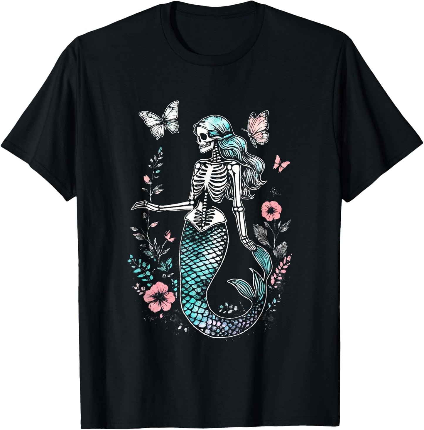 Goth Floral Butterflies Kawaii Skeleton Mermaid T-Shirt - T-Shirt | Black